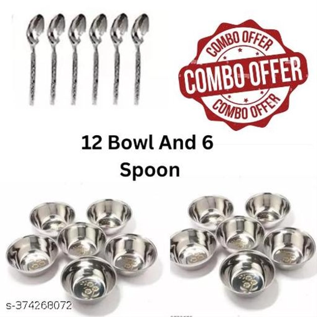 Stainless Steel 12 Pcs Bowls with 6 Pcs Spoon (Silver, Set of 2)