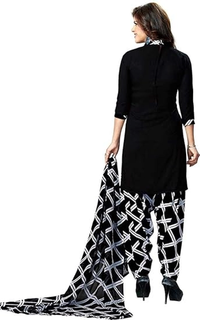 Crepe Printed Dress Material for Women & Girls (Black & White)