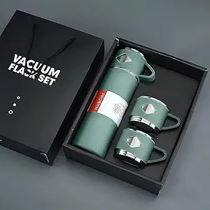 Stainless Steel Vacuum Insulated Flask with Two Cups (Multicolor, 500 ml)