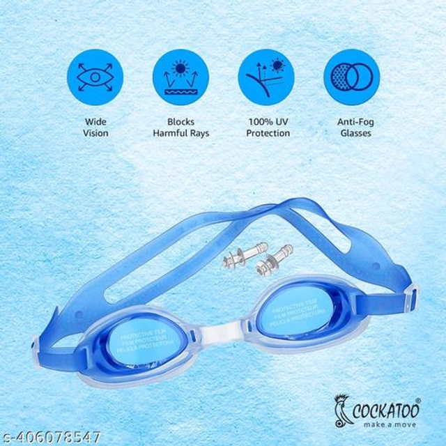 Silicone Swimming Goggles with Pouch (Blue, Set of 1)