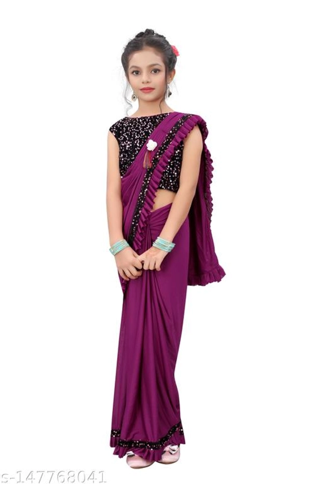 Solid Fancy Saree for Girls with Blouse (Wine, 3-4 Years)