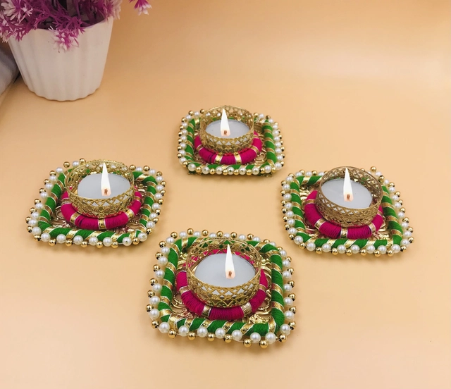 Metal Designer Tealight Candle Holder (Multicolor, 8x8x2.5 cm) (Pack of 4)