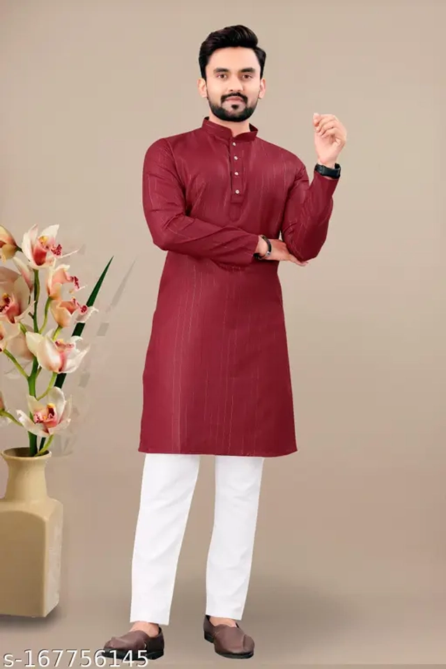 Cotton Blend Striped Kurta with Pyjama for Men (Maroon & White, S)