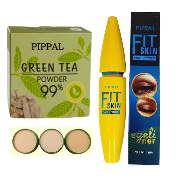 Pippal Green Tea Powder Compact (20 g) with Fit Skin Eyeliner (6 ml) (Set of 2)