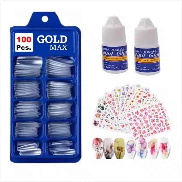 Artificial Nails (200 Pcs) with Nail Art Stickers (10 Pcs) & Glue (2 Pcs) (Transparent, Combo of 3)