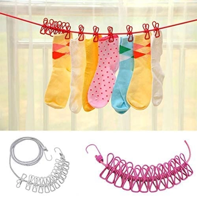 Portable Clothes Drying Rope with 12 Clips (Multicolor, Set of 1)