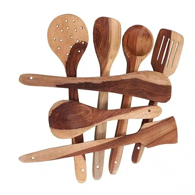 Wooden Cooking & Serving Spoons (Brown, Set of 7)