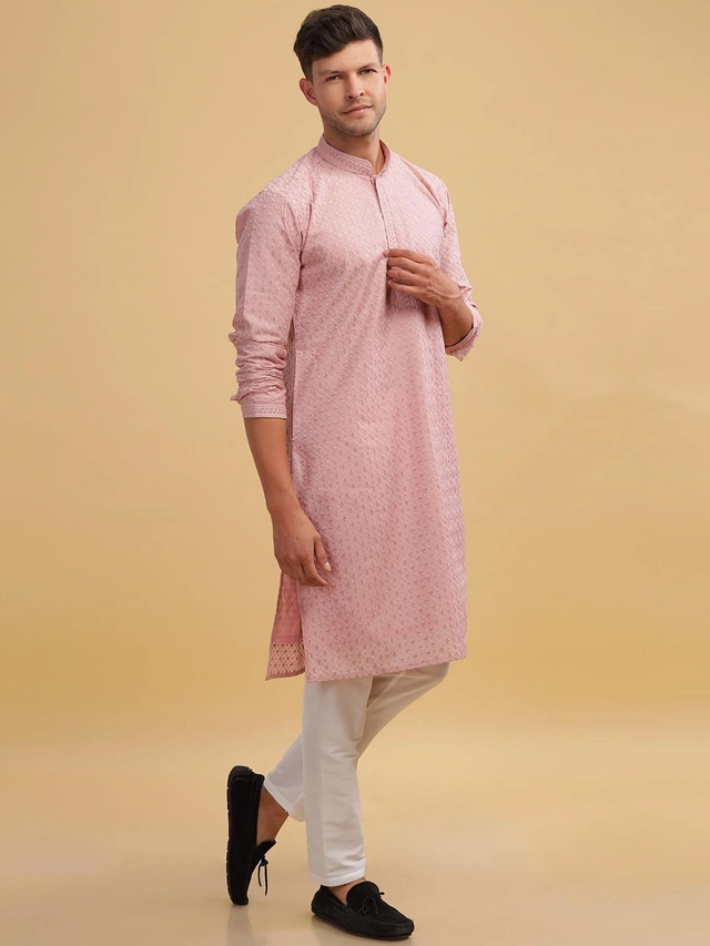 Cotton Blend Embroidered Kurta for Men (Pink, S)