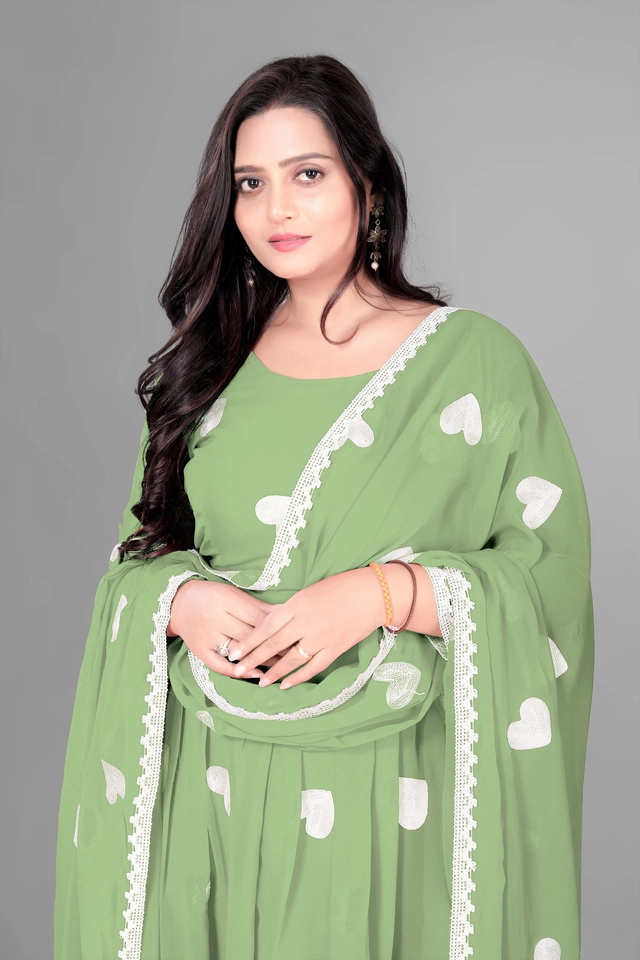 Georgette Ethnic Motif Gown with Dupatta for Women (Mint Green & White, S)