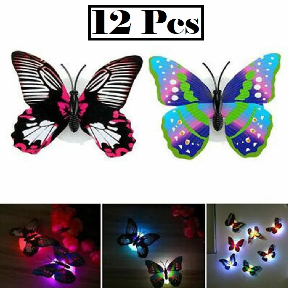 Plastic LED 3D Butterfly Wall Stickers (Multicolor, Pack of 12)