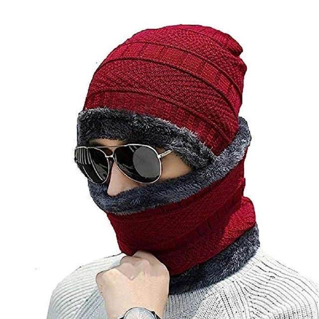 Woolen Cap with Neck Warmer for Men (Red)