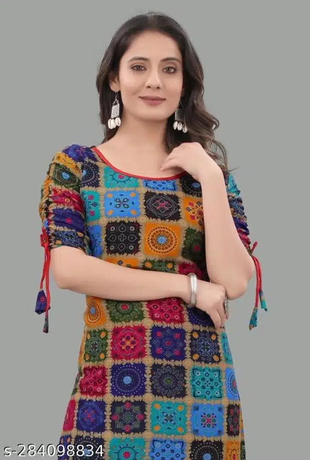 Rayon Printed Kurti for Women (Blue, XL)