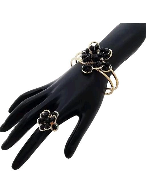 Alloy Bracelet with Ring for Women (Black & Gold, Set of 2)