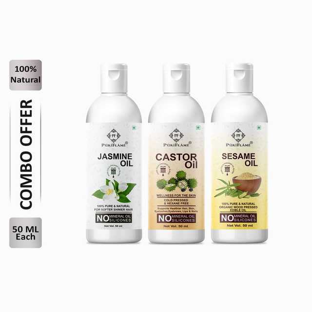Puriflame Pure Jasmine Oil (50 ml), Castor Oil (50 ml) & Sesame Oil (50 ml) Combo for Rapid Hair Growth (Pack Of 3) (B-11142)