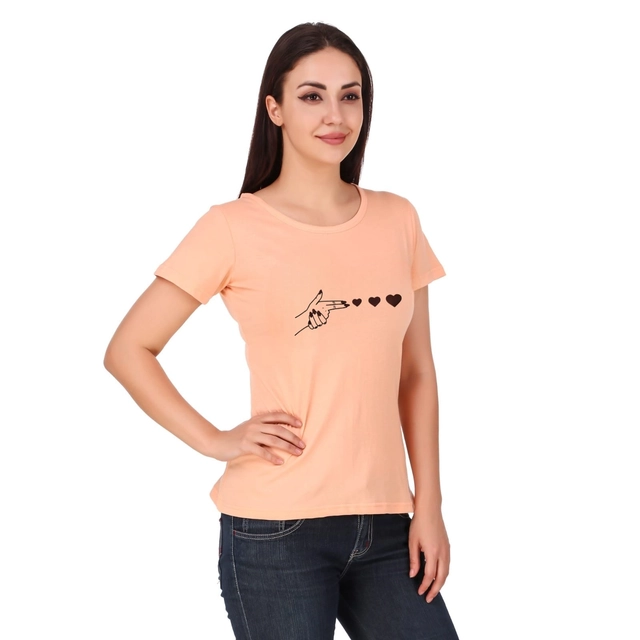 Round Neck Printed T-Shirt for Women (Peach, S)