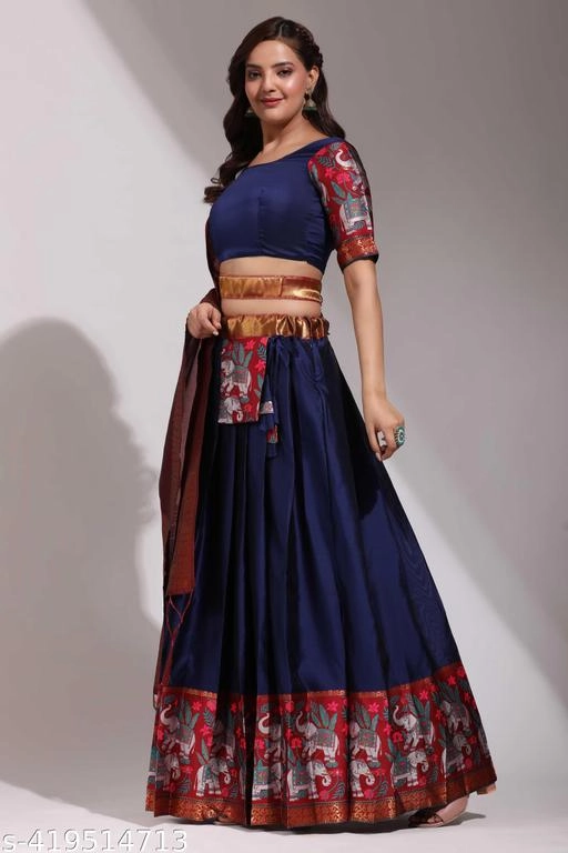 Art Silk Zari Semi Stitched Lehenga with Choli & Dupatta for Women (Navy Blue)