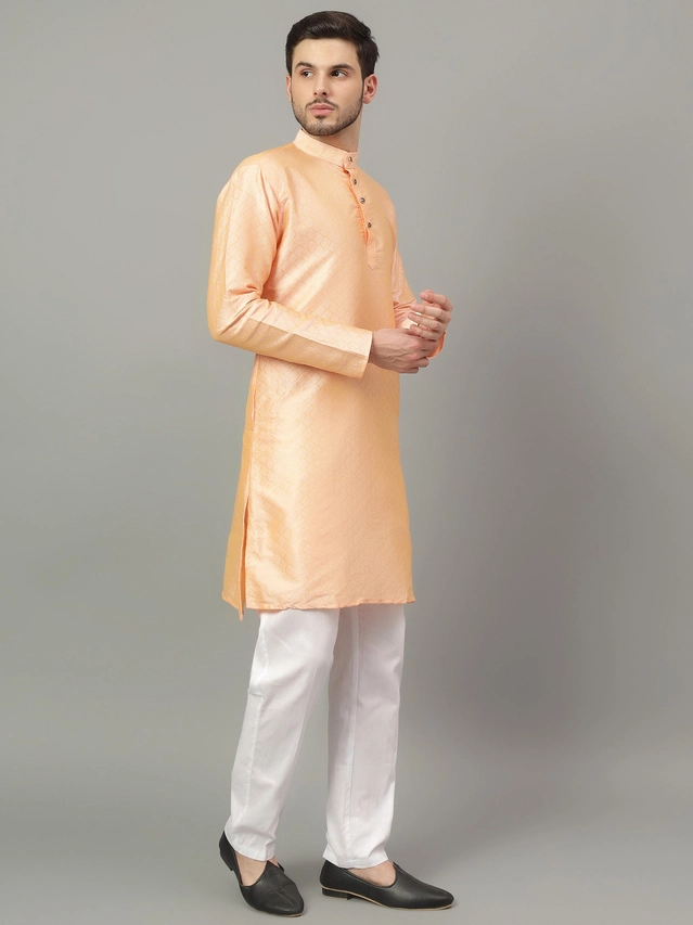 Jacquard Solid Kurta with Pant for Men (Cream, S)