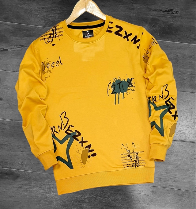 Fleece Printed Round Neck Sweatshirt for Men (Yellow, M)