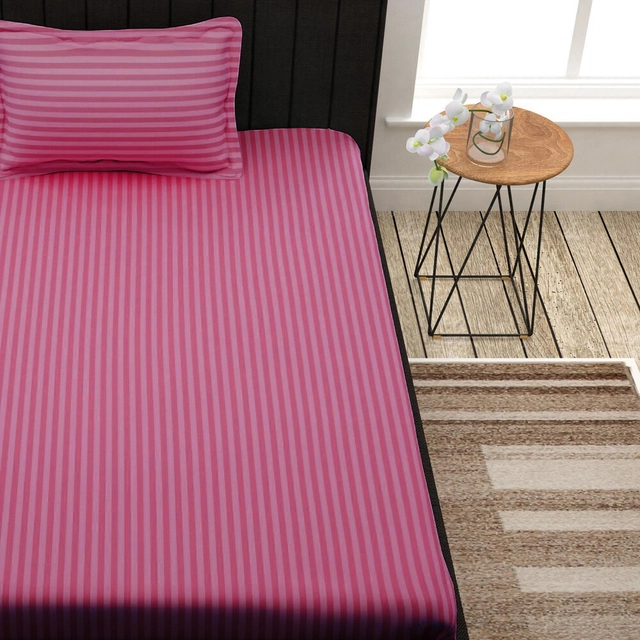 Cotton Striped Single Bedsheet with Pillow Cover (Pink, 60x90 inches)