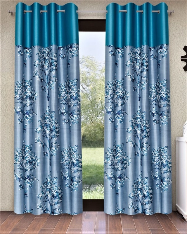 Fashion String Floral Blue Semi-Transparent Polyester String Door Curtains (213 cm) (7 ft) (Pack of 2)