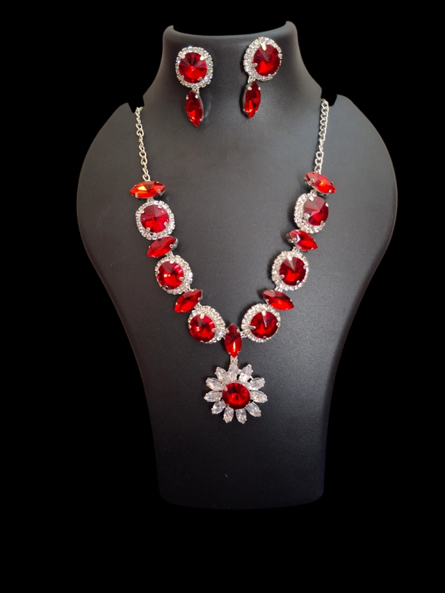 Alloy Crystal Necklace with Earrings for Women (Red)