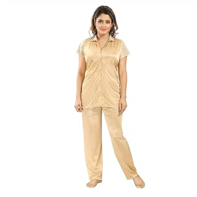 Satin T-Shirt with Trouser Nightsuit Set for Women (Beige, M)