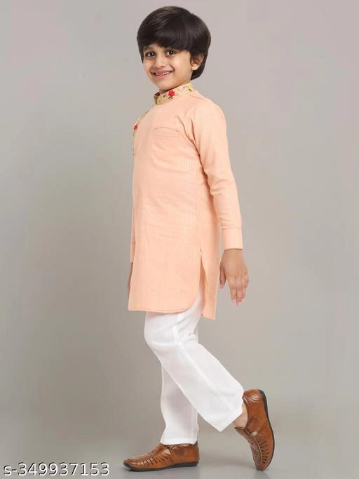 Cotton Blend Kurta with Pyjama for Boys (Orange & White, 9-12 Months)