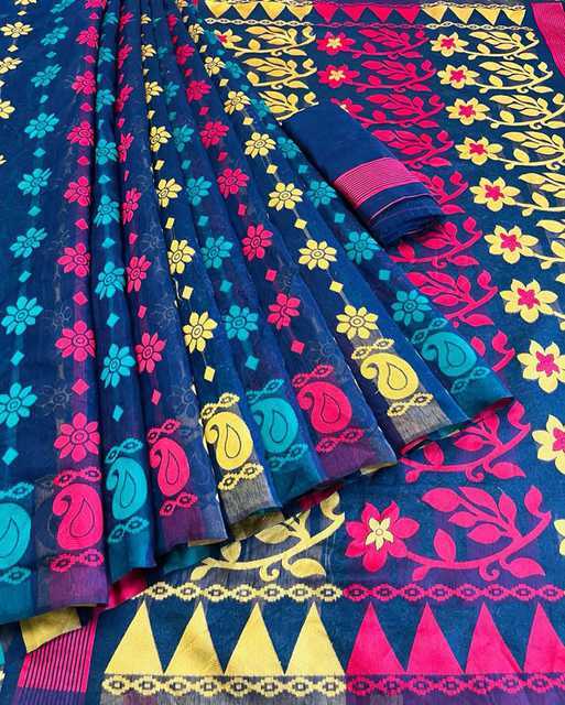 Zeepkart Cotton Printed Saree With Un-stitched Blouse For Women (Blue) (Z-1)
