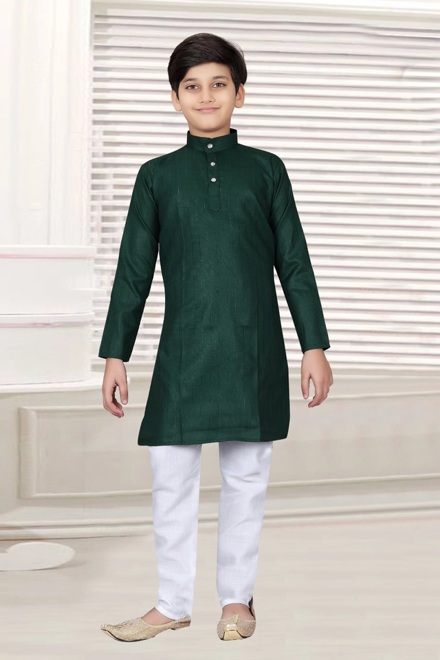 Cotton Full Sleeves Kurta with Pyjama for Boys (Green & White, 3-5 Years)