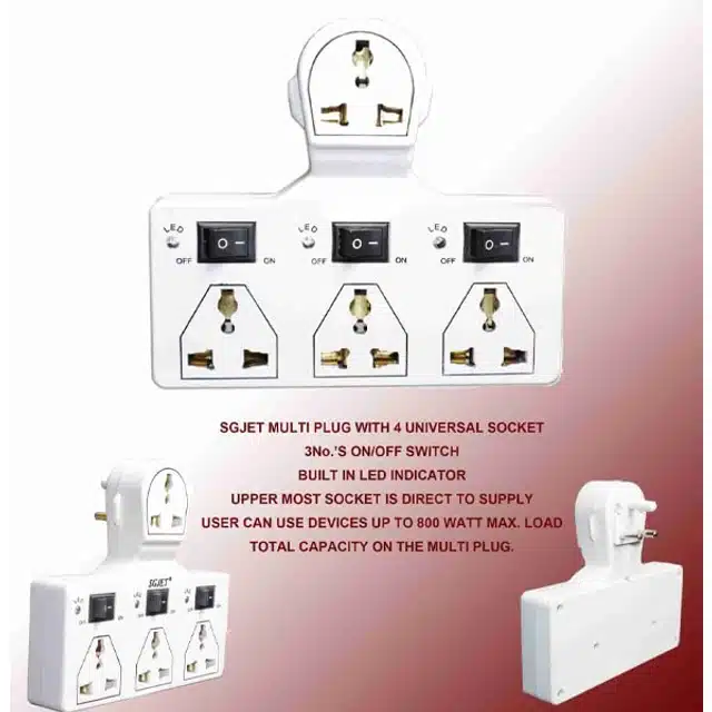 Multi Plug Extension Board with LED Indicator (White, 6 A)