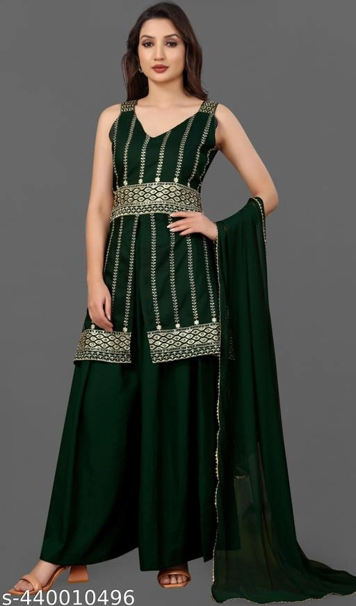 Rayon Embroidered Kurti with Sharara & Dupatta for Women (Green, S)