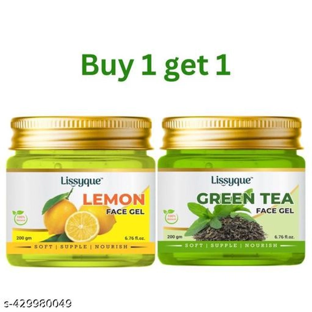  Lissyque Lemon & Green Tea Face Gel, Face And Hair, Ideal For Acne Scars, Dark Circle, Moisturising, Soothing, Multipurpose Gel - 200 gm ( Buy One Get One)