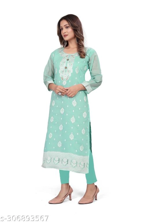 Cotton Embroidered Kurti for Women (Sky Blue, L)