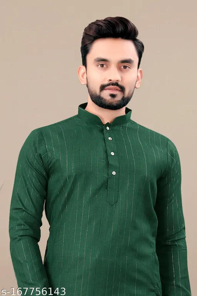 Cotton Blend Striped Kurta with Pyjama for Men (Bottle Green & White, S)