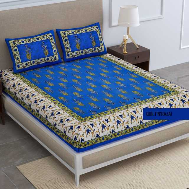 Cotton Double Bed Bedsheets With Two Pillow Covers (Royal Blue, 90x100 Inches) (Qu-025)