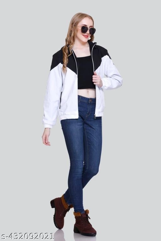 Nylon Solid Jackets for Women (Black & White, M)