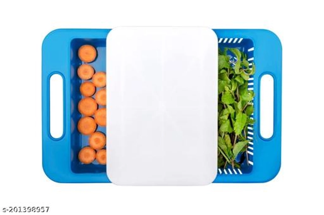 3 in 1 Chopping Board with Tray & Strainer (Blue & White)