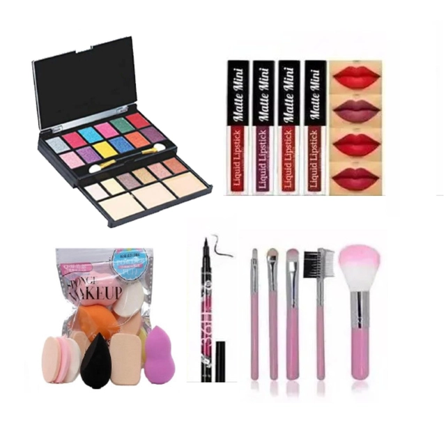 Combo of Eye Shadow Palette with 4 Pcs Lipsticks, 5 Pcs Makeup Brushes, 1 Set Blenders & Eyeliner (Set of 12)