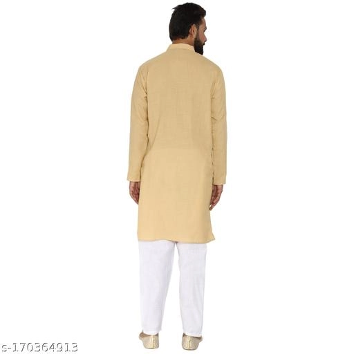 Cotton Blend Solid Kurta with Pyjama for Men (Peach & White, S)