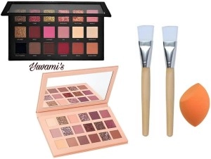 Combo of 2 Pcs Eyeshadow Palettes with 2 Pcs Makeup Brushes & Blender (Multicolor, Set of 3)