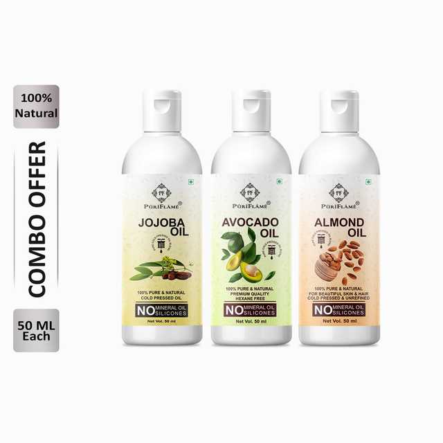 Puriflame Pure Jojoba Oil (50 ml), Avocado Oil (50 ml) & Almond Oil ( 50 ml) Combo for Rapid Hair Growth (Pack Of 3) (B-11383)