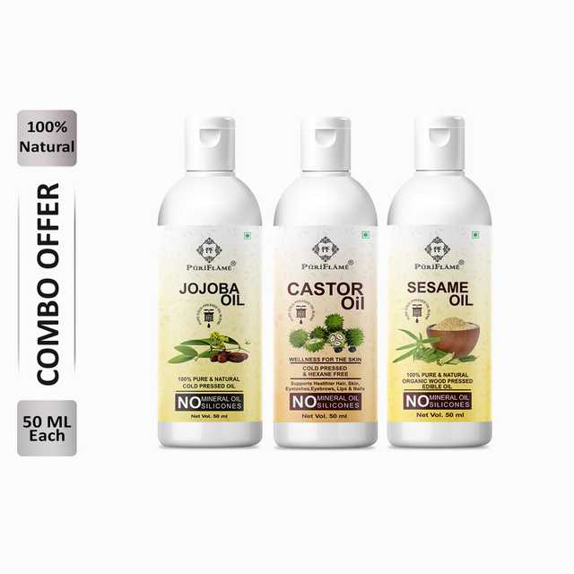 Puriflame Pure Jojoba Oil (50 ml), Castor Oil (50 ml) & Sesame Oil ( 50 ml) Combo for Rapid Hair Growth (Pack Of 3) (B-11448)