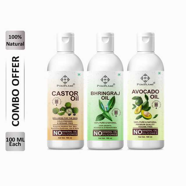 PuriFlame Pure Castor Oil (100 ml) & Bhringraj Oil (100 ml) & Avocado Oil (100 ml) Combo For Rapid Hair Growth (Pack Of 3) (B-3351)
