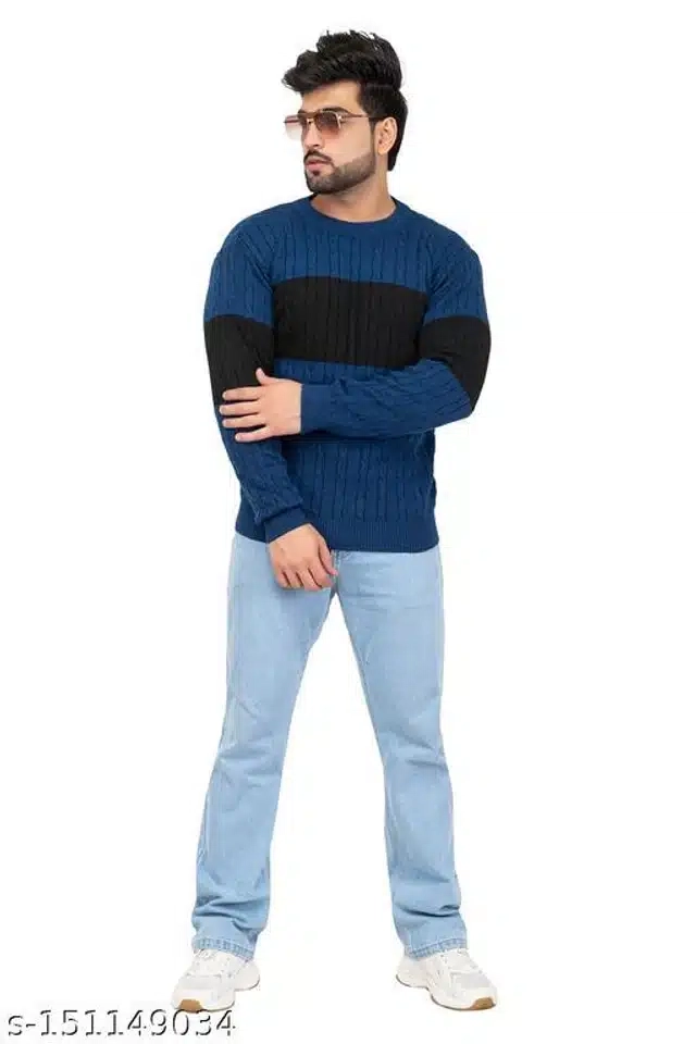 Acrylic Sweater for Men (Blue & Black, M)