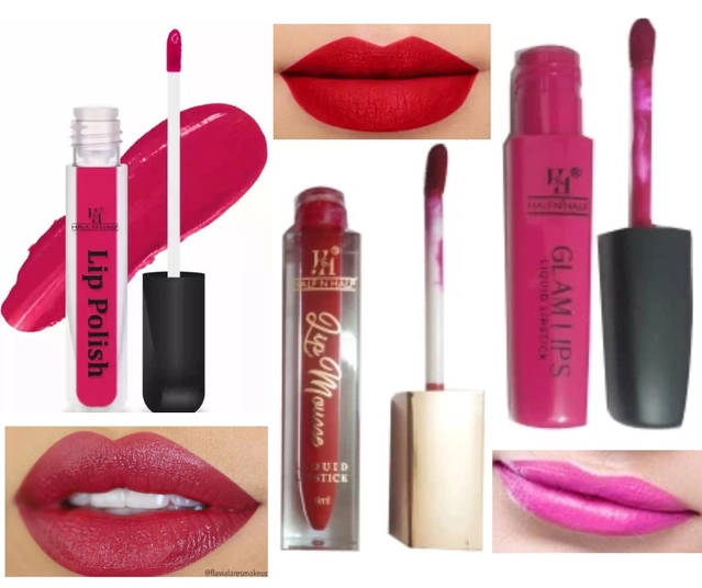 Combo of Lip Polish with Liquid Lipstick & Lip Mousse (Multicolor, Set of 3)