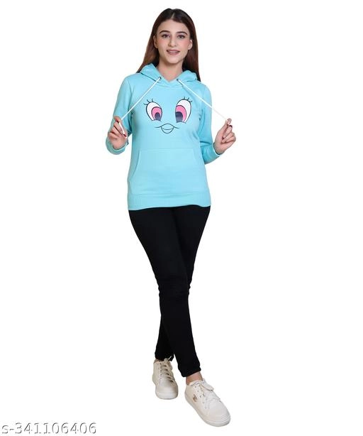 Fleece Printed Hoodie for Women (Aqua Blue, M)