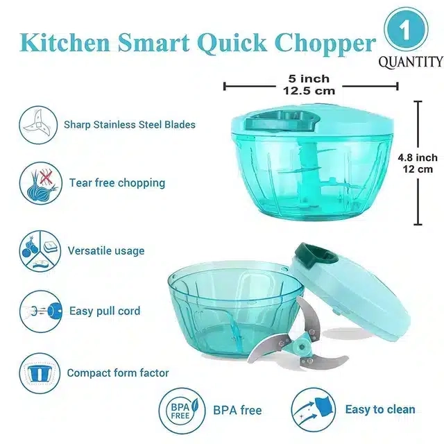 Manual Vegetable Chopper with 3 Stainless Steel Blades (Green, 500 ml)