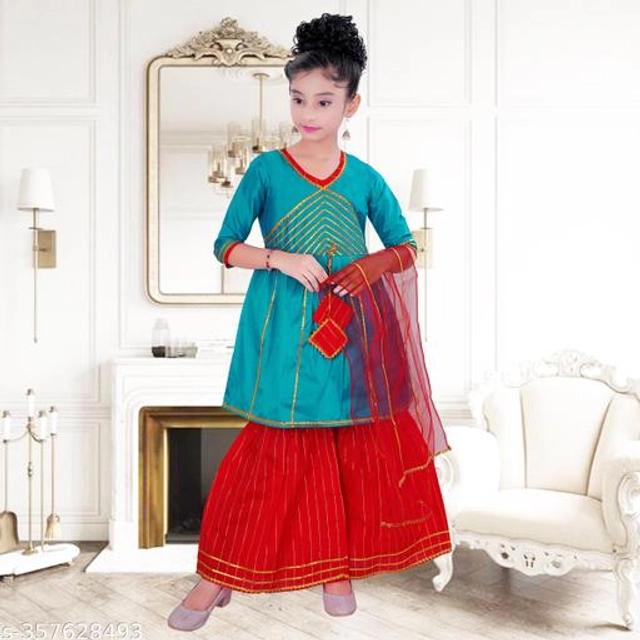 Poly Silk Kurta Sets for Girls (Teal & Red, 2-3 Years)