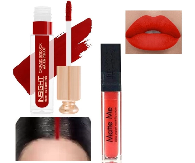 Matte Me Lip Gloss (Orange) with Waterproof & Smudge Proof Liquid Sindoor (Red, Set of 2)