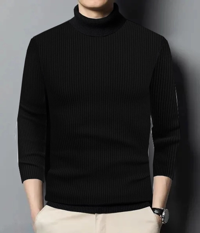 Woolen Solid High-Neck Sweatshirt for Men (Black, S)